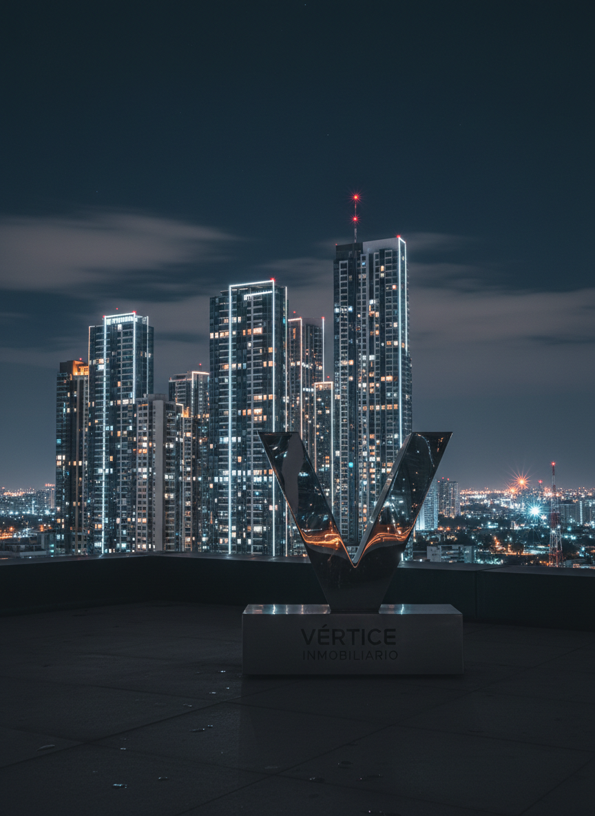 A dramatic nighttime cityscape focused on a cluster of upscale residential and office towers, their glass facades glowing with cool white and soft amber lights. In the foreground on a rooftop ledge sits a polished metal frame in the shape of a stylized V, subtly reflecting the illuminated skyline behind it, representing Vértice Inmobiliario. The sky is a deep navy with faint cloud textures, and a few distant antenna lights add red accents. Long-exposure photographic realism from a slightly elevated angle captures sharp architectural lines with a gentle bokeh of distant lights, creating a mood of sophistication, strategy, and long-term urban investment vision.