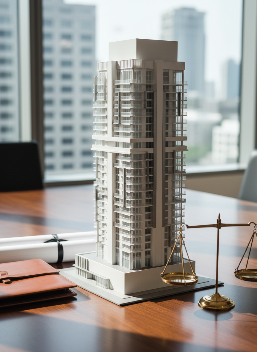 A sleek architectural model of a modern mixed-use building, rendered with crisp white facades, glass balconies, and subtle metallic accents, stands on a dark walnut presentation table. Around it lie neatly arranged blueprints, a closed leather portfolio, and a minimalist brass scale representing balance in legal, fiscal, and commercial analysis. Soft daylight from a large window washes over the scene, creating gentle reflections on the glass surfaces and precise shadows from the model’s edges. Photographic realism at eye level with a slightly elevated angle, sharp focus on the model and shallow depth on the background, conveys a professional, trustworthy, and analytical atmosphere suitable for a premium real estate firm.