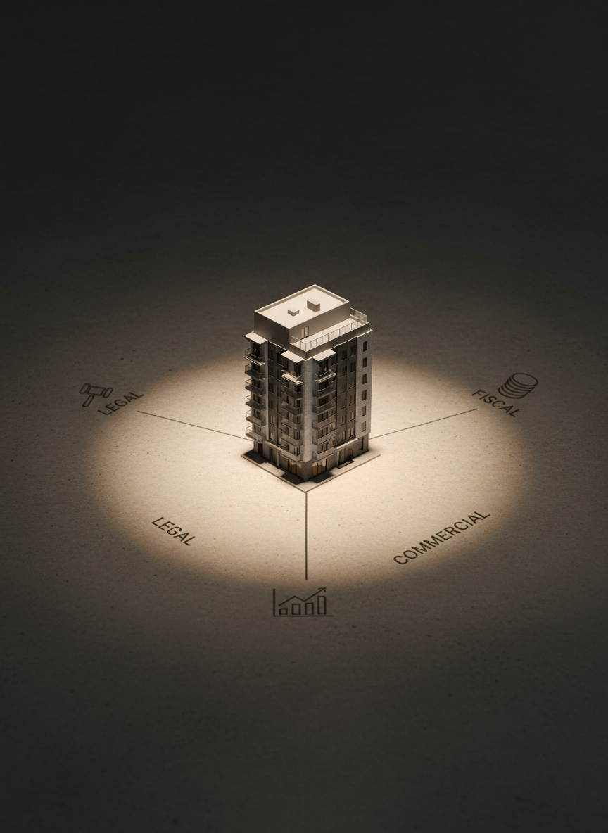 A minimalist composition of a single, meticulously detailed miniature building — a contemporary mid-rise with glass railings and stone cladding — placed at the center of an intersecting three-axis diagram lightly engraved into a smooth concrete surface. Each axis is subtly labeled with refined icons: a gavel for legal, a coin stack for fiscal, and a bar chart for commercial. A focused overhead spotlight illuminates the building and the central intersection, creating soft falloff into darker edges of the frame. Photographic realism with a slightly elevated camera and strong negative space communicates clarity, structure, and the trilateral analysis that underpins every real estate asset.