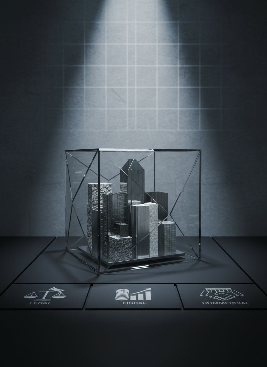 A refined still life of a transparent, geometric glass cube encasing a miniature city block of detailed buildings, each with distinct textures of stone, glass, and metal. The cube sits on a matte black surface divided into three subtle sections, each etched with discreet icons representing legal, fiscal, and commercial perspectives. A faint grid is projected onto the background wall, suggesting data and structure. Cool, directional lighting from above and slightly behind creates crisp edges, delicate reflections, and a focused beam that highlights the cube, while the surroundings fall into a gentle blur. Photographic realism with a centered composition conveys security, structure, and long-term legacy in real estate investment.