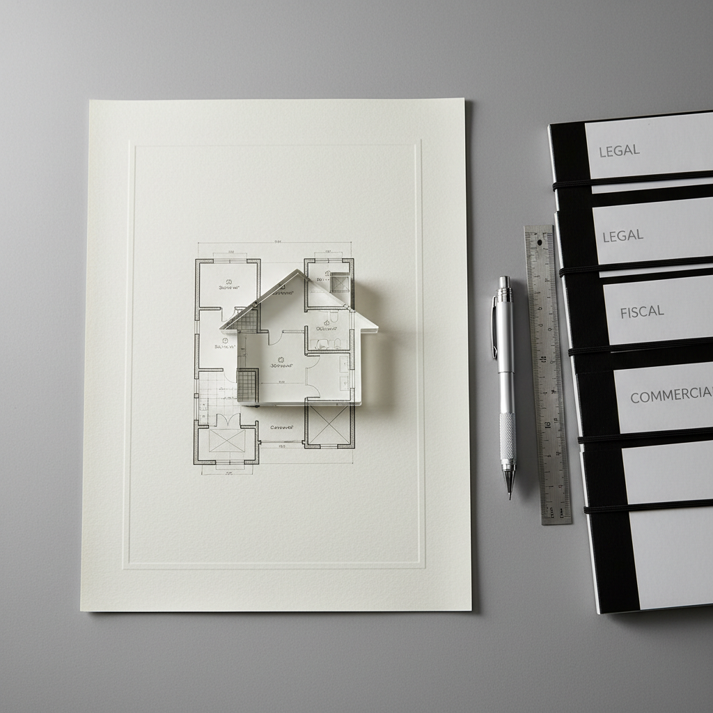 An elegant close-up of a detailed floor plan printed on thick, textured white paper, carefully aligned on a graphite-grey desk. Beside it sit a chrome mechanical pencil, a small steel ruler, and three stacked folders labeled in subtle typography: legal, fiscal, commercial. A crystal-clear acrylic house outline rests over the plan, symbolizing a protected investment. Soft, diffused studio lighting from the left creates clean highlights on the metallic tools and gentle shadows along the paper’s embossed edges. Photographic realism with a top-down composition and sharp focus throughout gives a precise, ordered, and highly professional mood, reflecting meticulous real estate analysis.