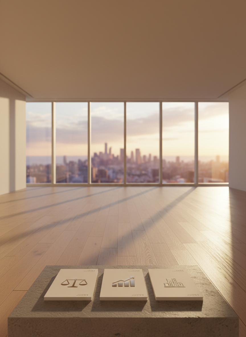 A sophisticated interior scene of an empty, premium apartment living room featuring floor-to-ceiling windows, wide-plank oak flooring, and smooth off-white walls. Sunlight at golden hour pours through the glass, revealing a panoramic, blurred city skyline beyond. In the foreground on a minimalist stone console rest three stacked documents embossed with subtle icons: a scale, a bar graph, and a building silhouette, symbolizing legal, fiscal, and commercial pillars. The lighting casts warm reflections on the floor and soft, elongated shadows from the console. Photographic realism at eye level with wide-angle framing, sharp detail in the room and gentle bokeh outside, evokes opportunity, stability, and the sense that every square meter is a carefully considered asset.